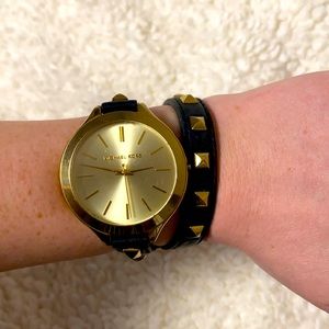 Black leather gold studded Michael Kors watch✨